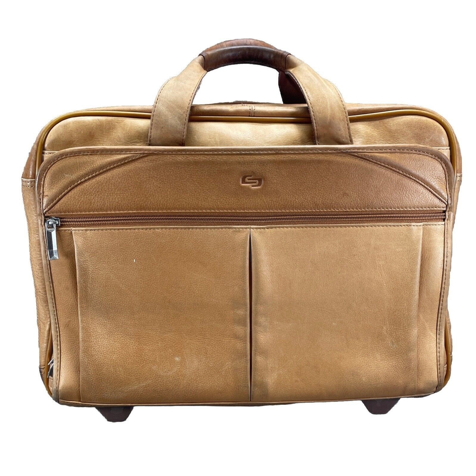 Solo New York Walker Brown Camel Leather Briefcase Laptop Rolling Travel Bag