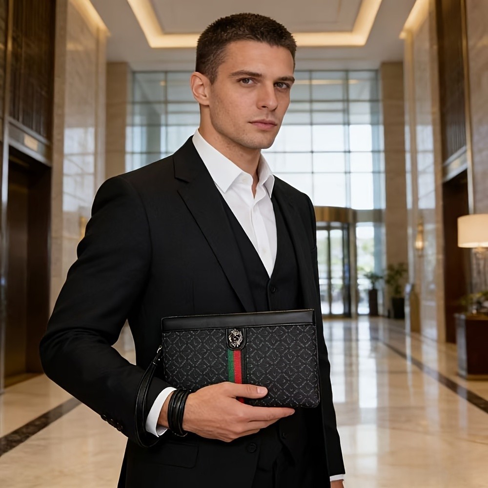 Men’s Lion Head Metal Buckle Clutch Bag – Business Casual Envelope Handbag