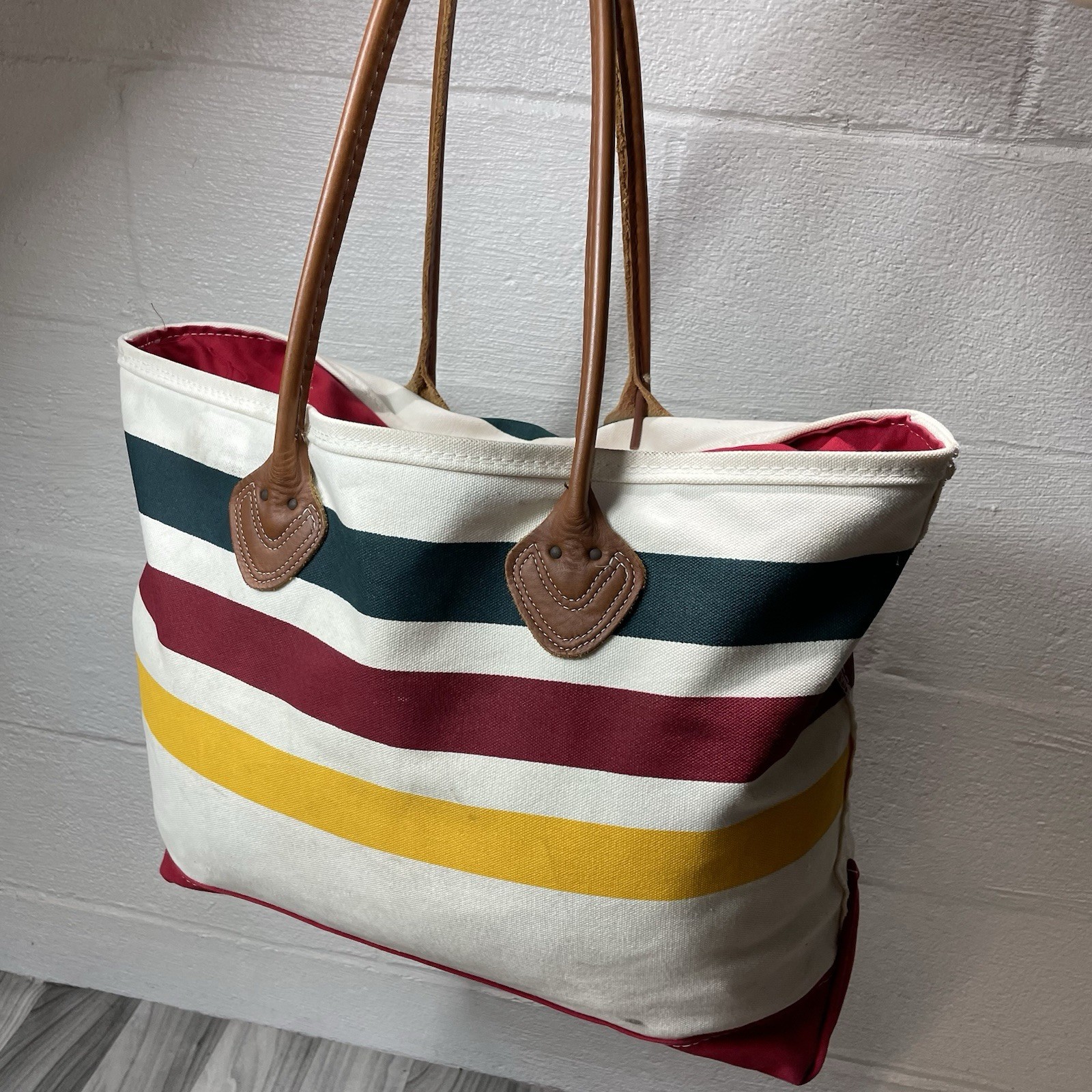 Vintage LL Bean Boat and Tote Bag Hudson Bay Style Striped Bag Leather Strap USA