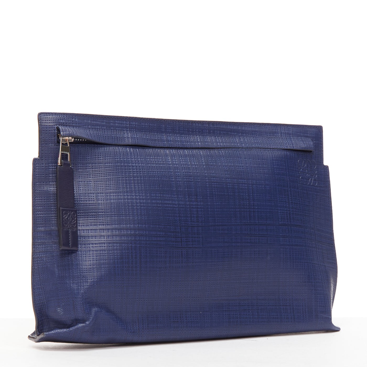 LOEWE T Pouch navy textured checkered leather silver zip wrist clutch bag