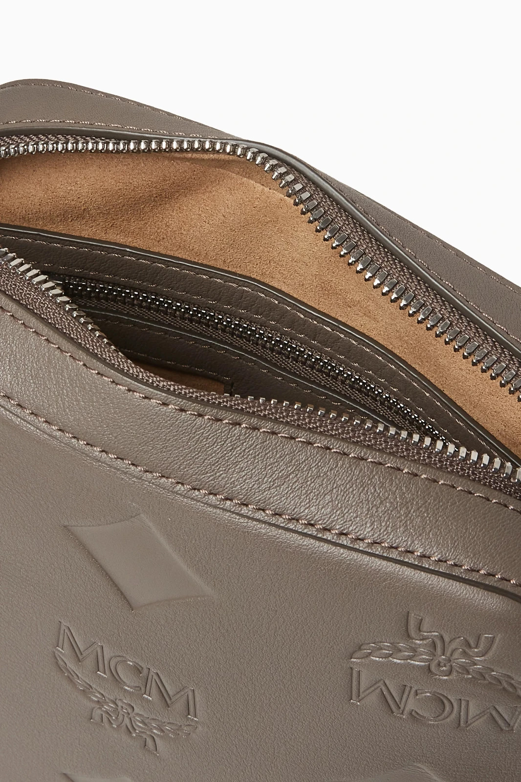 MCM Mini Klassik Taupe Grey Leather Monogram Crossbody Bag $830 Authentic