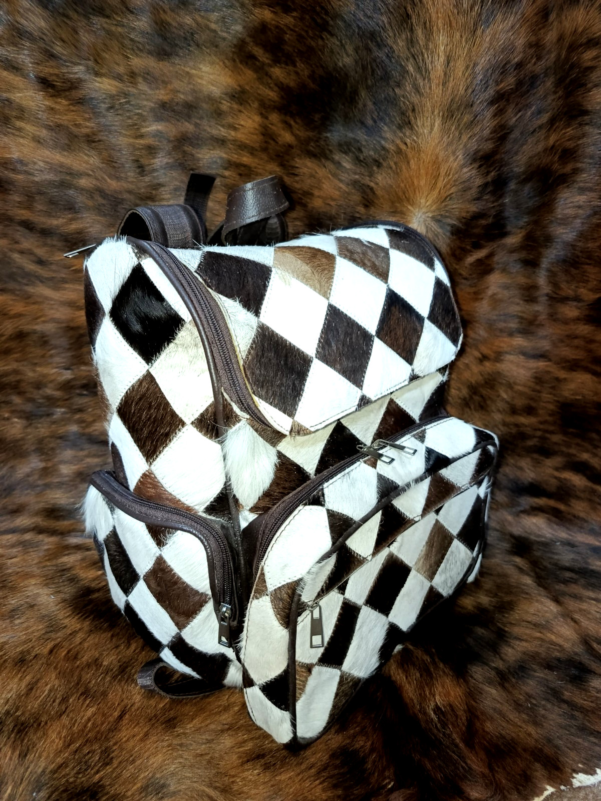 Black White Cowhide Leather Backpack | Real Hair-On Cowhide Western Rucksack Bag
