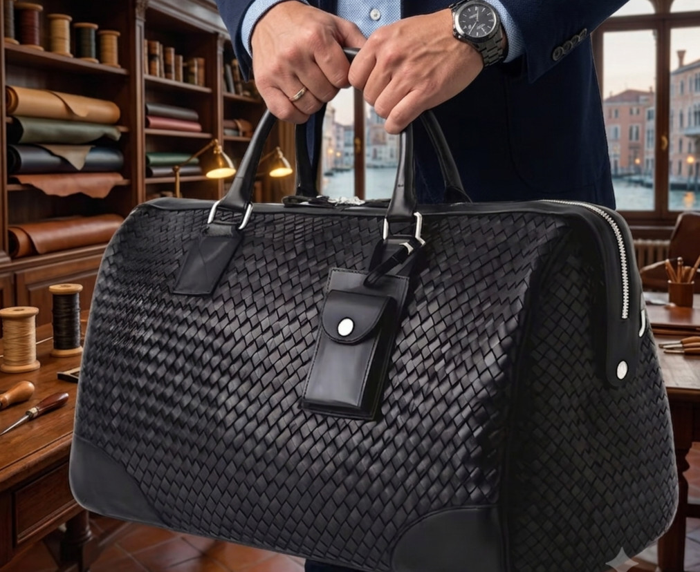 Hndmade Black Woven Leather Duffle Bag Large Weekender Travel Carry On Overnight