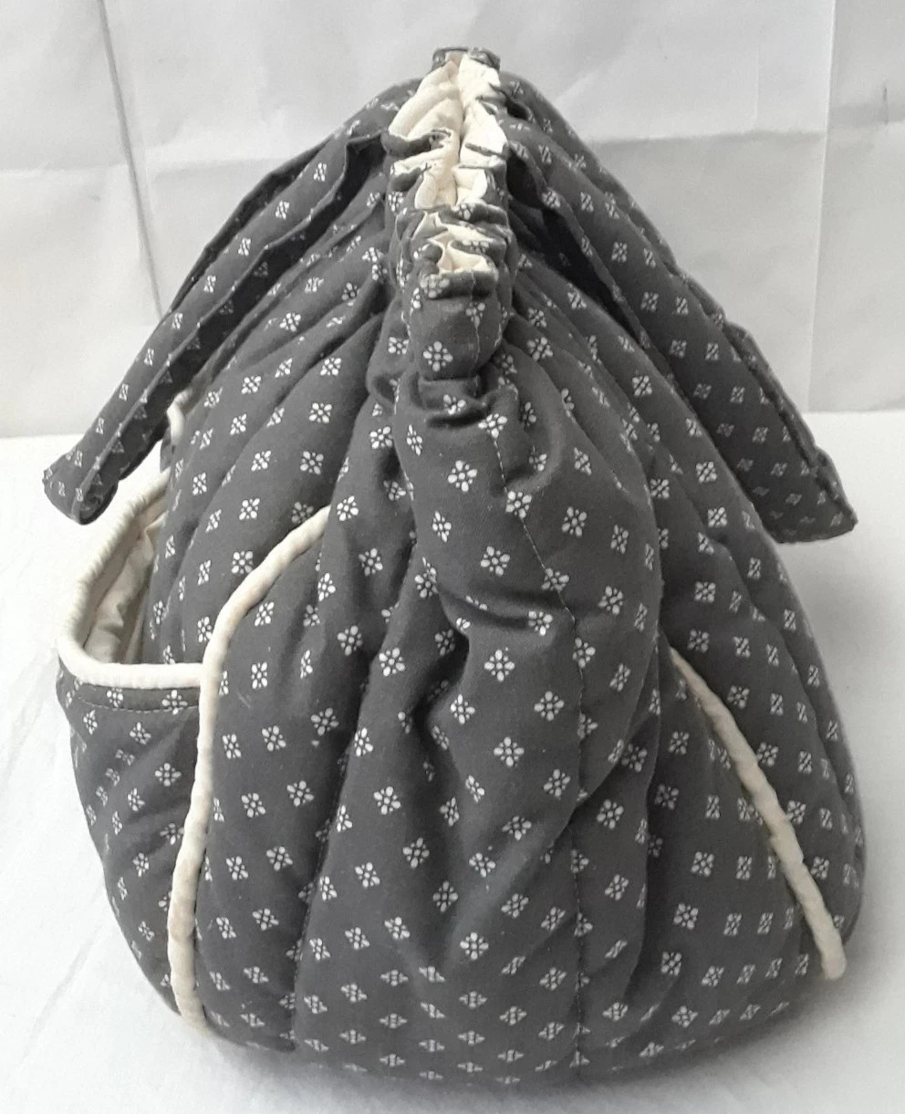 Gray Fabric Shoulder Tote Bag Quilted Double Straps Pockets Inside & Out