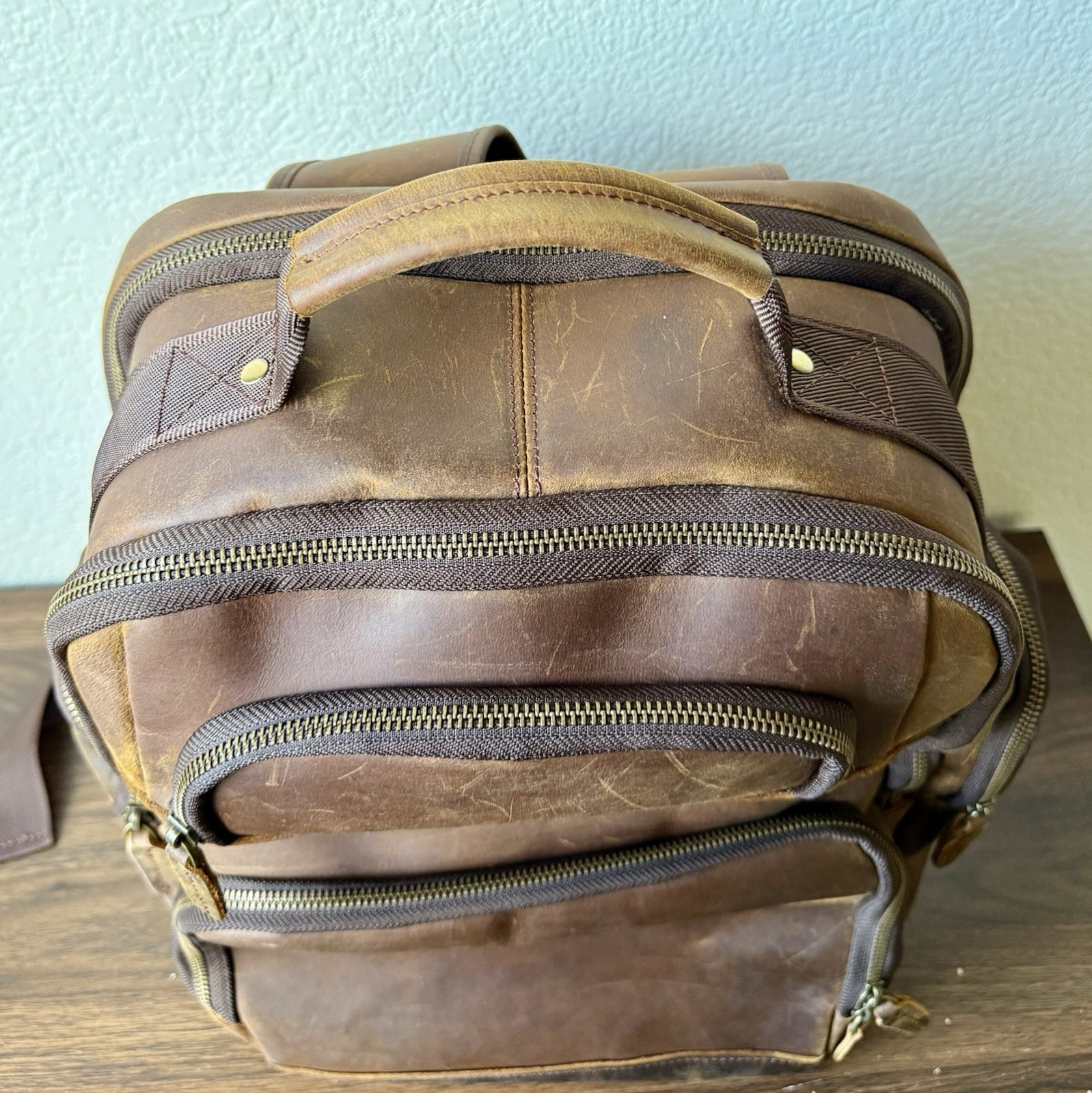 Tiding Leather Two Tone Leather Backpack Brown With Charging Laptop Bag