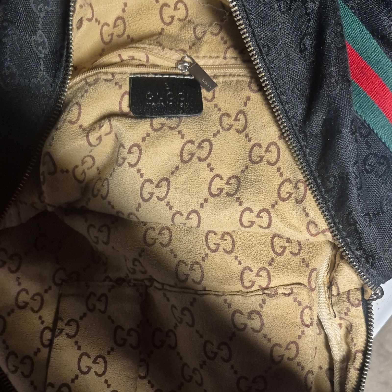 Gucci Black Logo Monogram Backpack Zip Closure Green Red Stripe Shoulder Strap