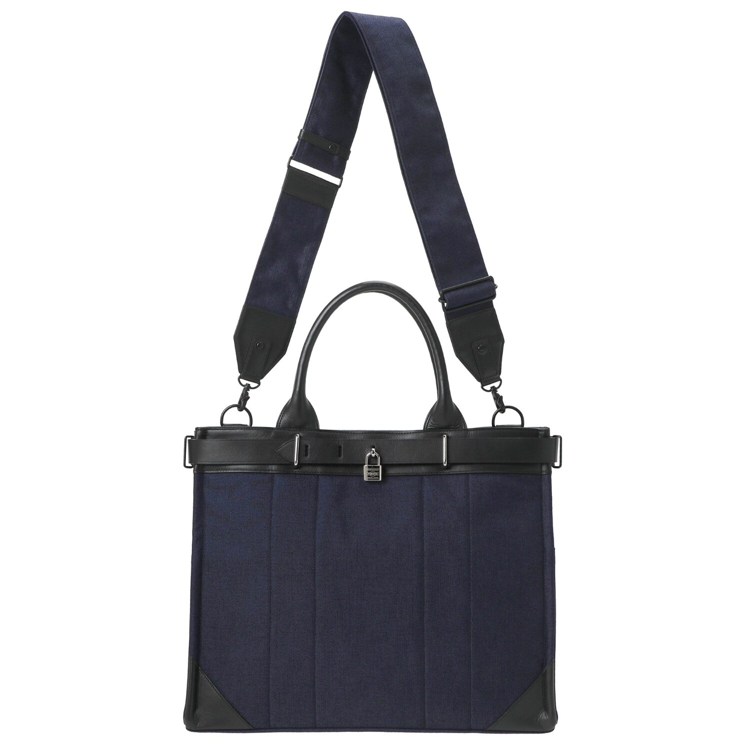 PORTER FORK 2WAY TOTE Shoulder BAG Handbag(L) Navy Padlock Leather