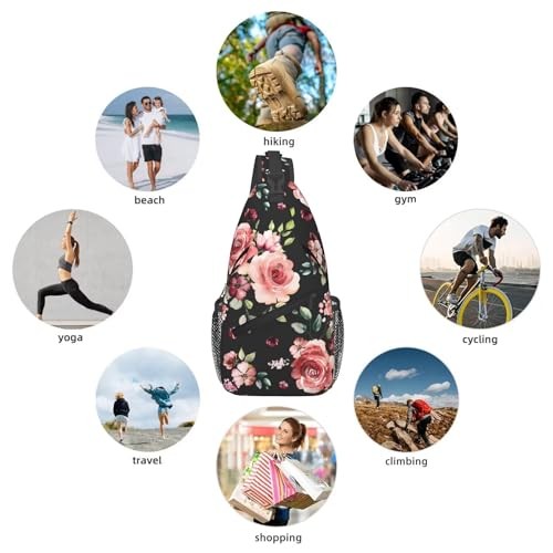 Floral Pattern Crossbody Sling Bag for Women Men Watercolor Blossom Pink Black
