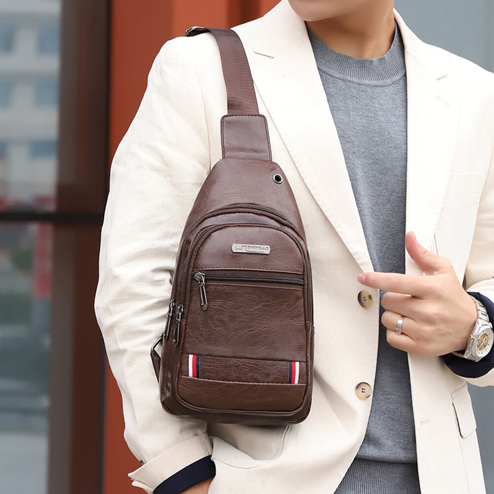 Men Leather Shoulder Crossbody Chest Sling Backpacks Outdoor Daypack Fanny Packs