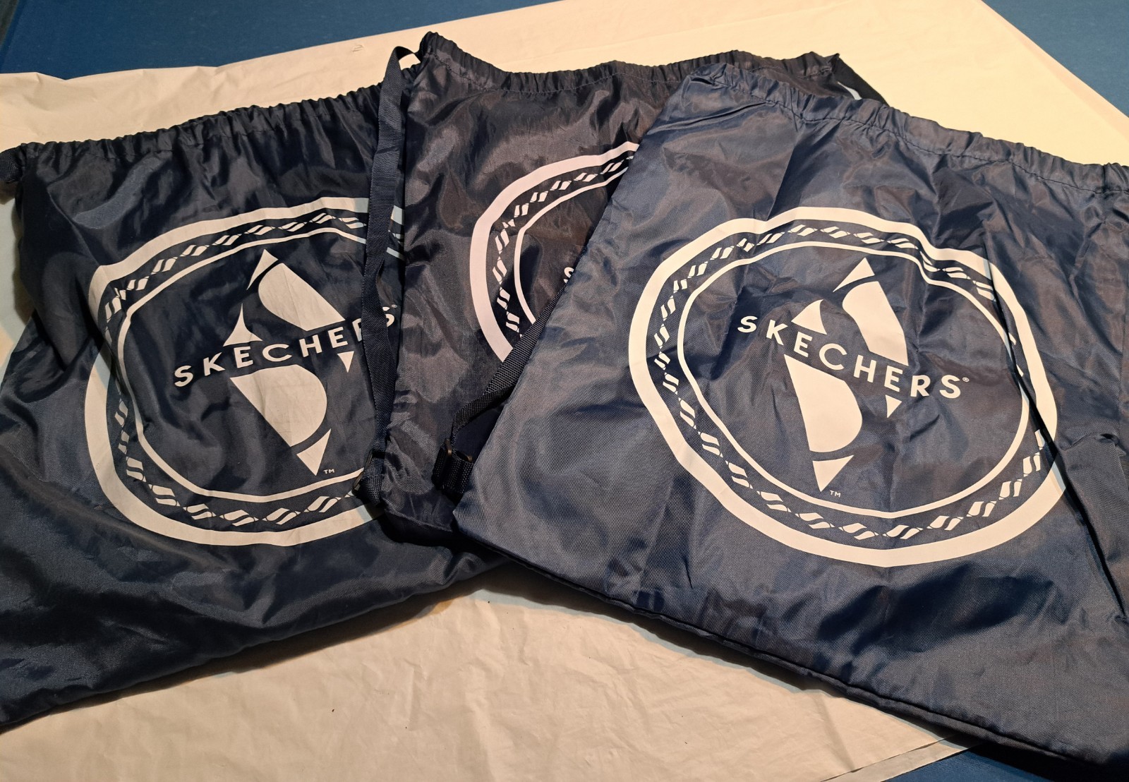 Lot of 3 Skechers Drawstring Nylon Bag Backpack Day Pack Gym Bag Navy Blue 20×16