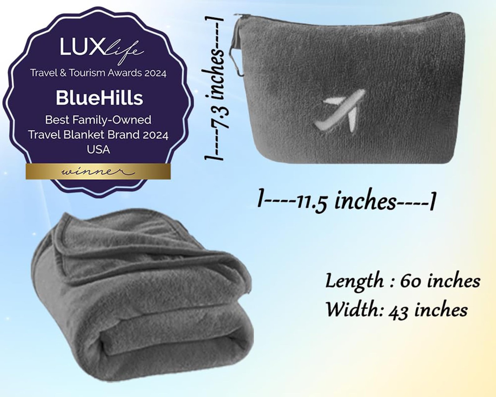 BlueHills 2 Pack Premium Travel Blanket Pillow Mini Soft Case – Gray M21