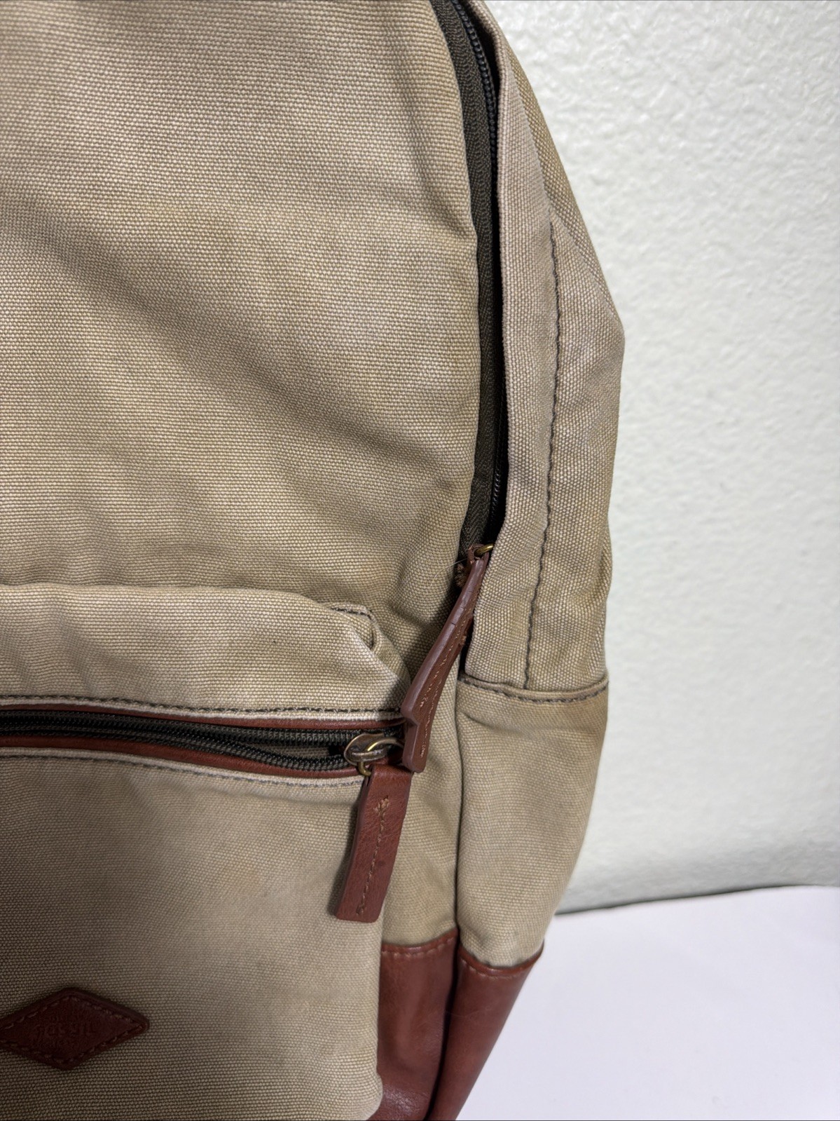 Fossil Estate Canvas Leather Backpack Beige Brown Stained 16x10x5