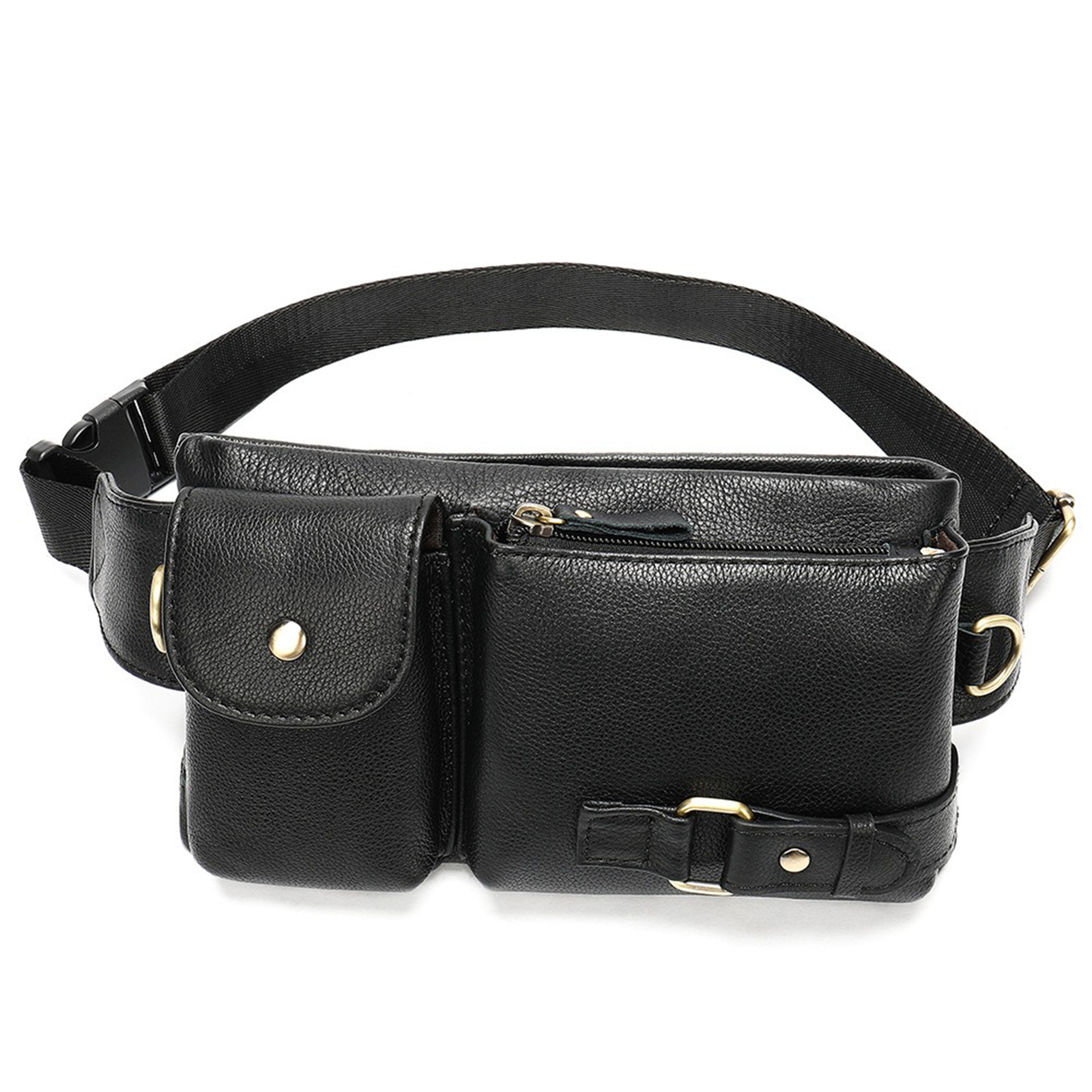 Mens Leather Waist Bag Full Grain Adjustable Strap Multiple Pockets