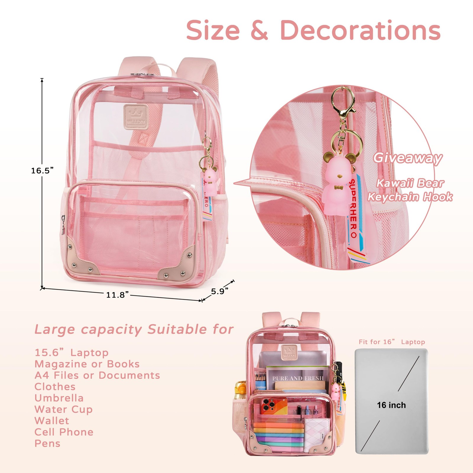 Clear Backpack 11.8×5.5×16.5 Inch Heavy Duty Transparent Laptop Bag – Stadium