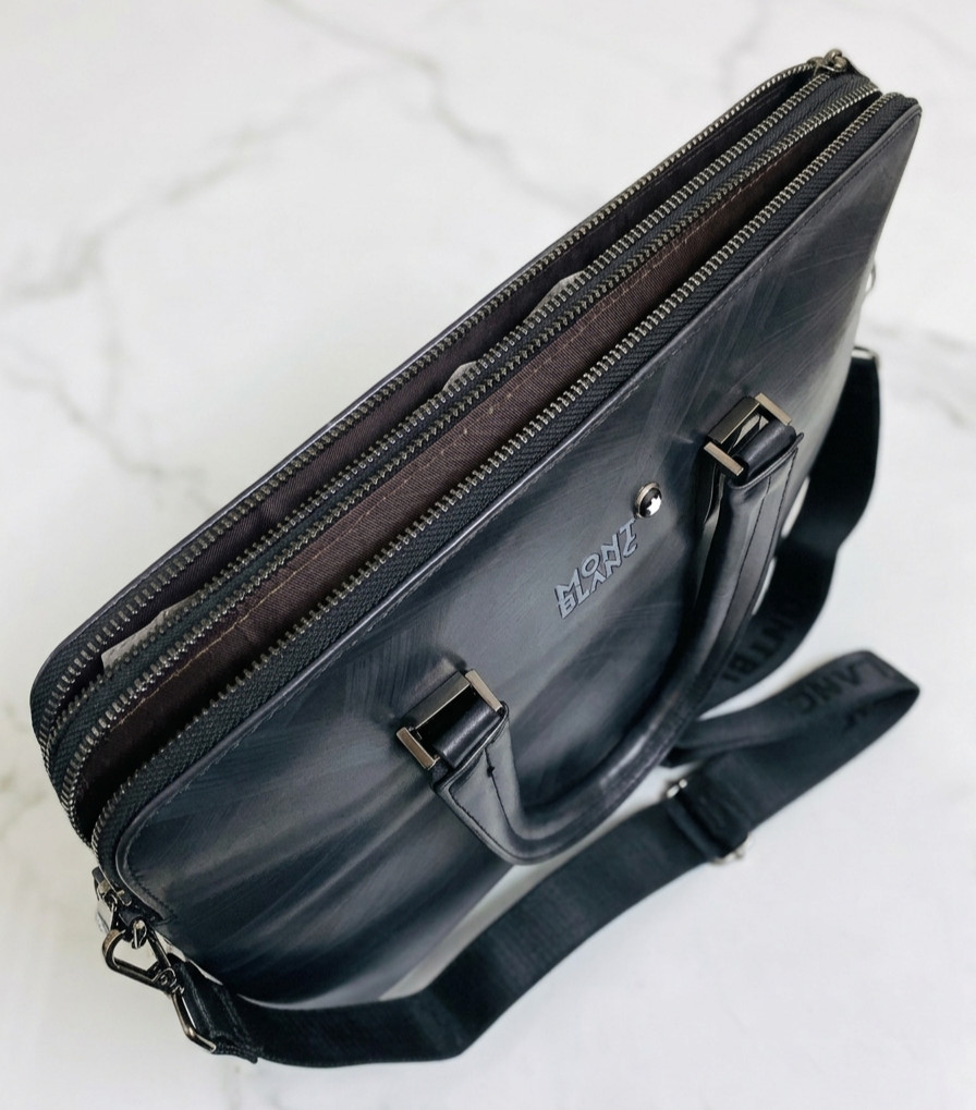 Luxury Montblanc Leather Grey Briefcase Laptop Bag- Dual Zip- Adjustable Strap