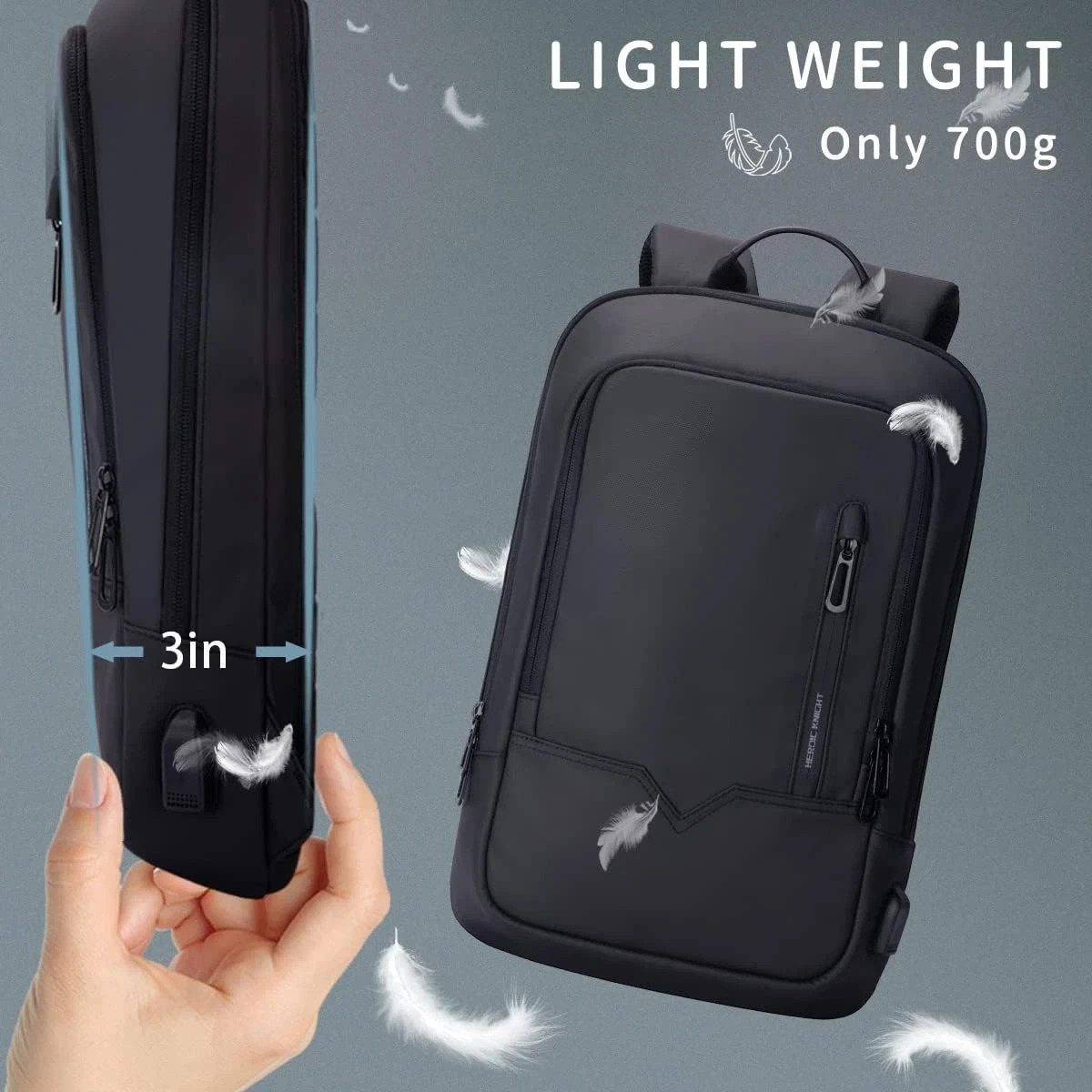Backpack Men Business Slim Backpack W/ USB Charger Computer Lightweight