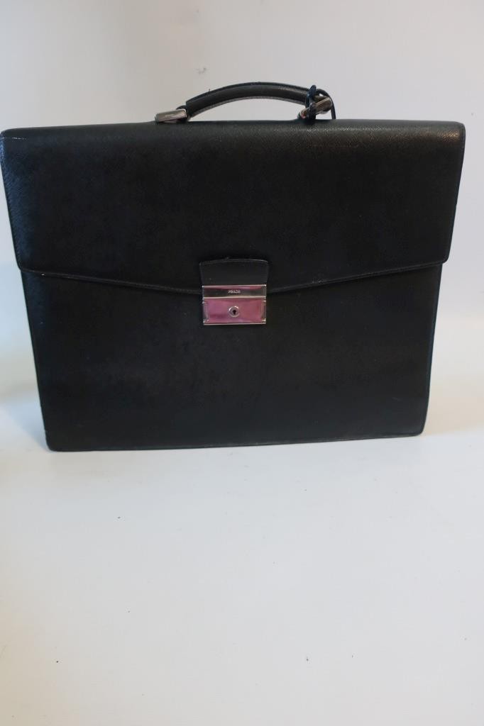 Authentic Mens Prada Saffiano Grained Leather Black Key Lock Cartella Briefcase