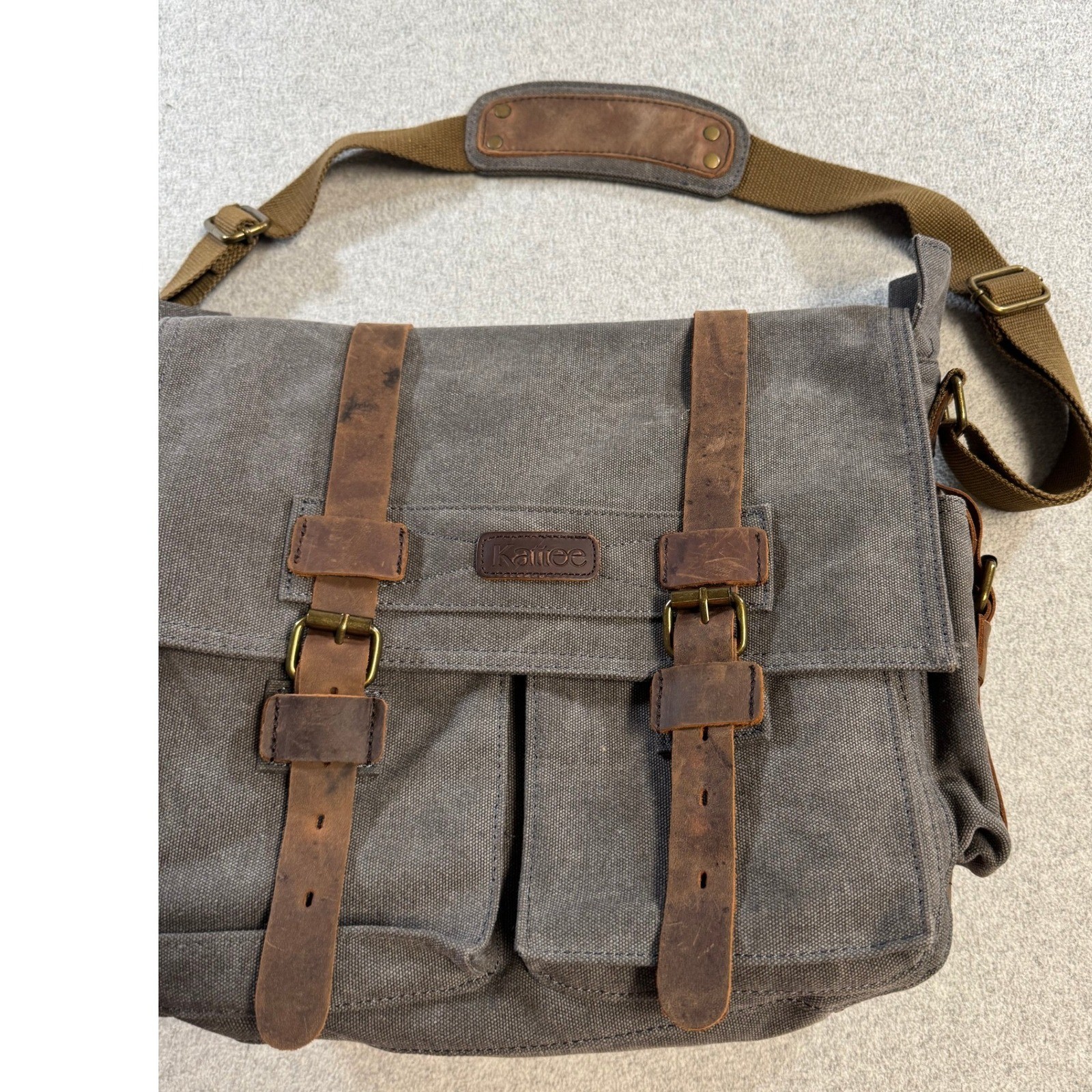 Kattee Canvas Leather Messenger Bag Laptop Briefcase Satchel Brown Gray Work