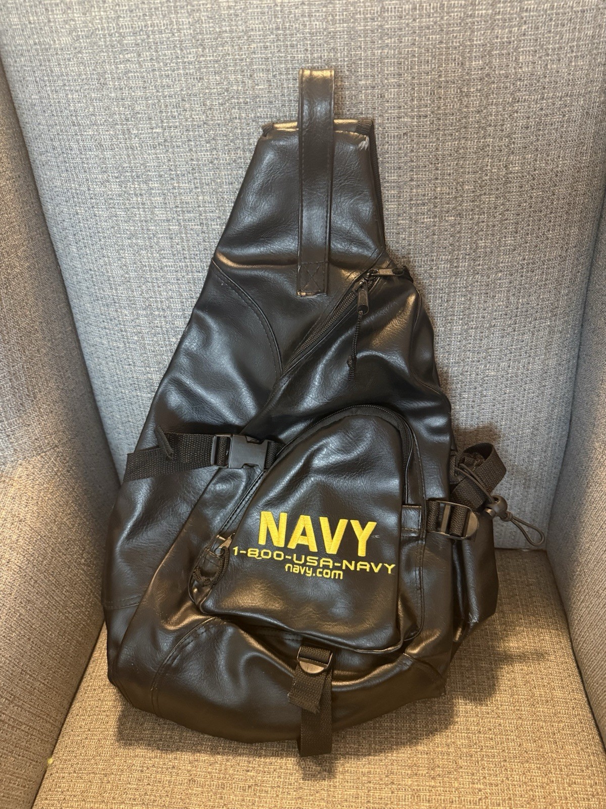 US Navy Single-Strap Sling Backpack – Black – Faux Leather – Embroidered Text