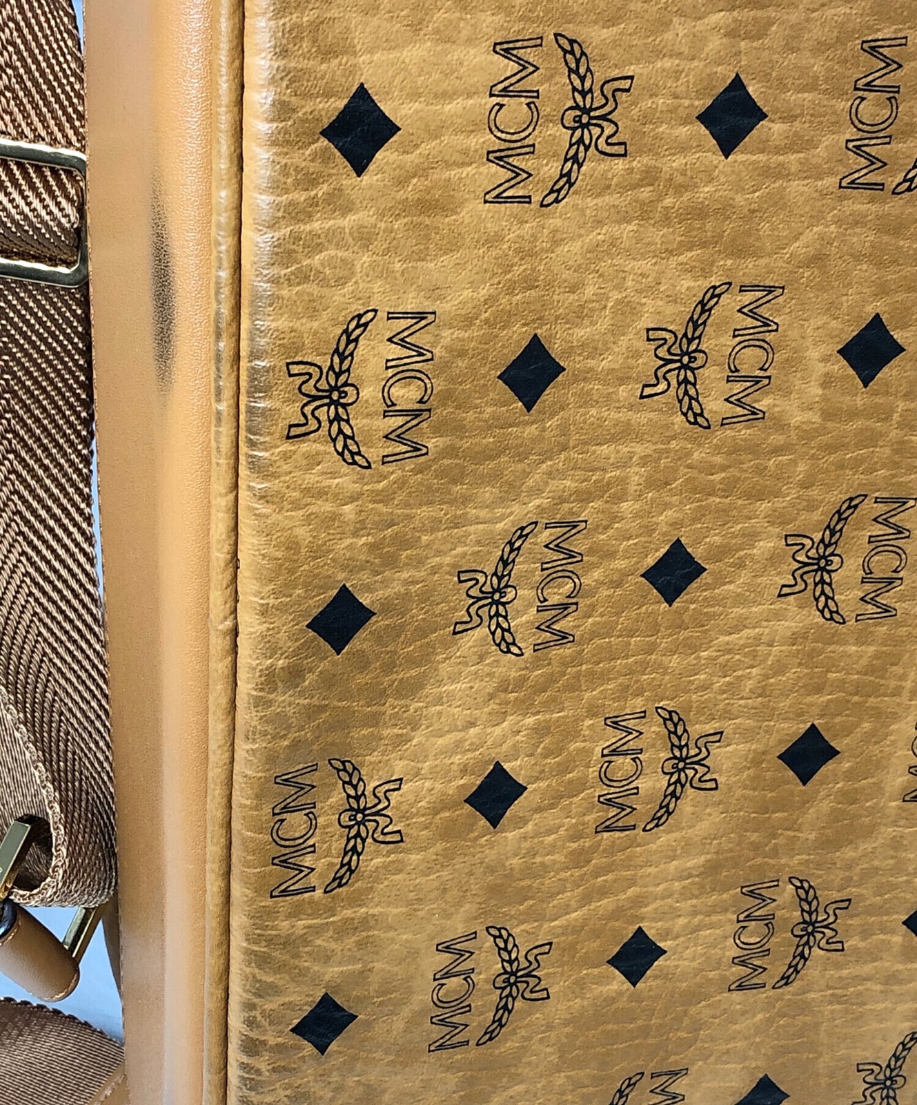 MCM Stark Visetos Brown Monogram Studded Leather Backpack Men Gold Tone 41cm