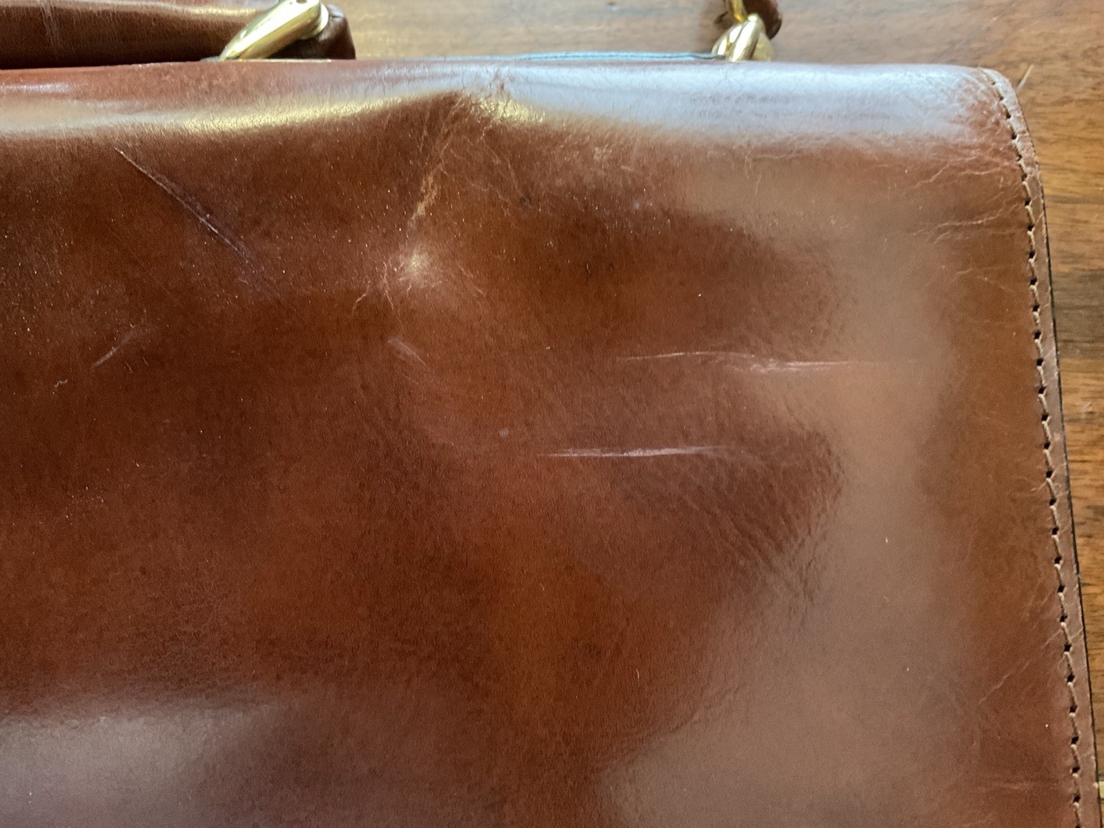 Bosca Brown Leather Men’s Briefcase/Document Case Top Handle Strap Push Lock