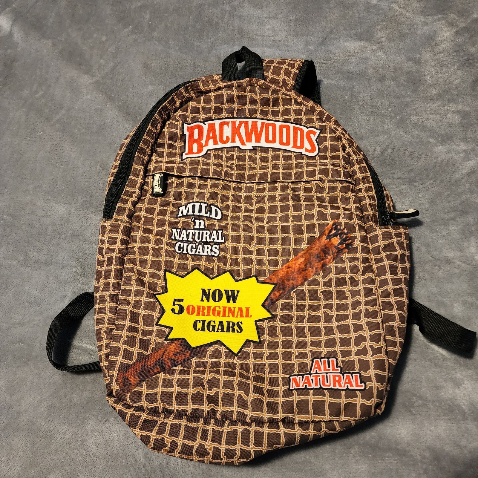 BACKWOODS Cigar Backpack Brown Logo All Natural Tobacco Print School Bag Zip Top