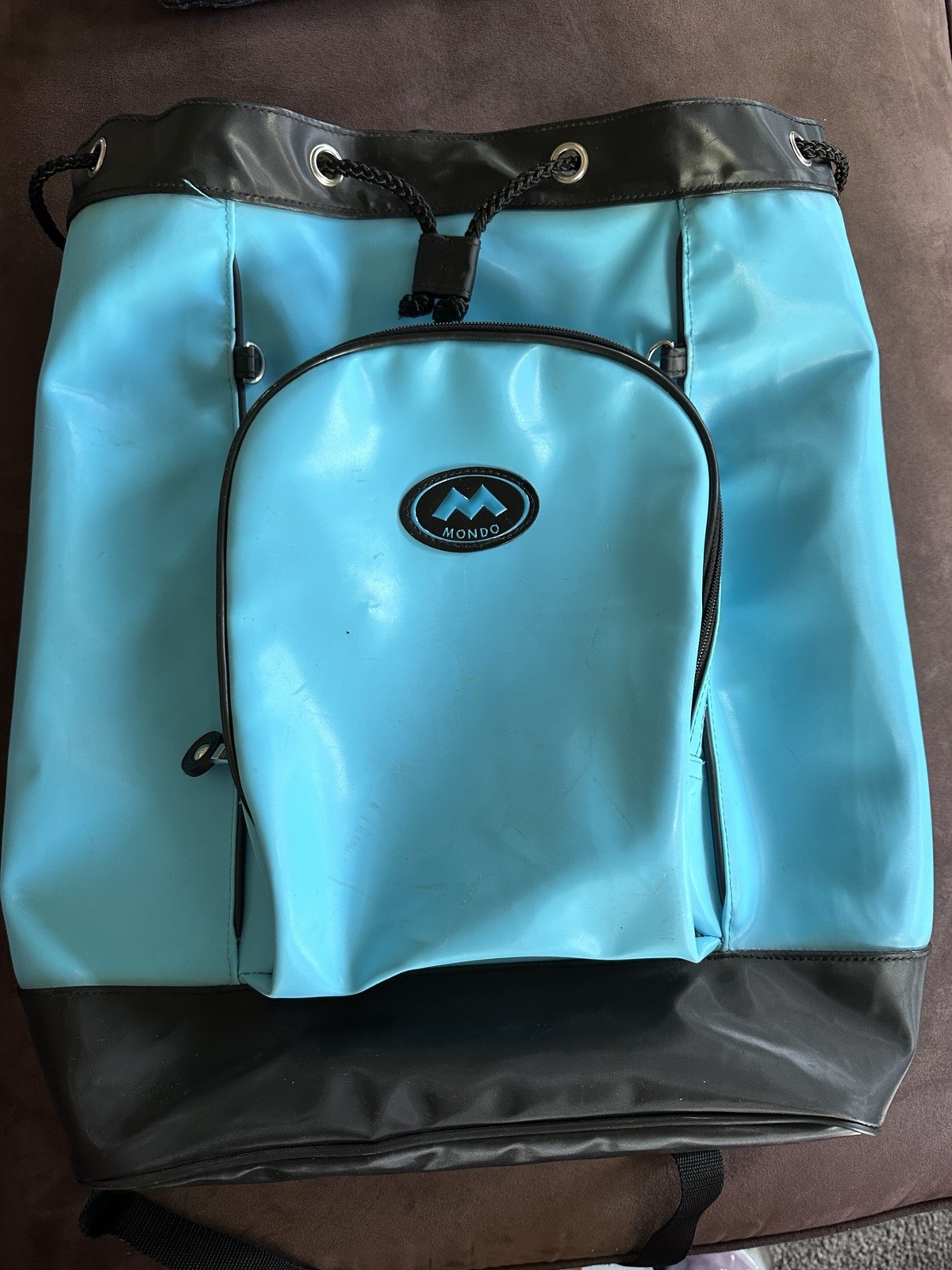 Vintage Mondo brand drawstring backpack vibrant aqua blue waterproof 90s Y2K
