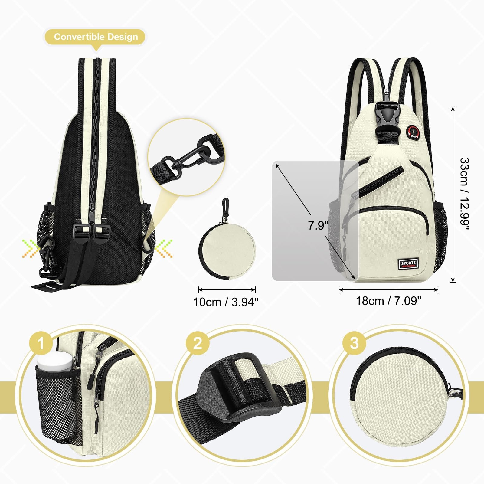 Sling Bag Fits 7.9 Inch Tablet Crossbody Mini Backpack Coin Pocket White