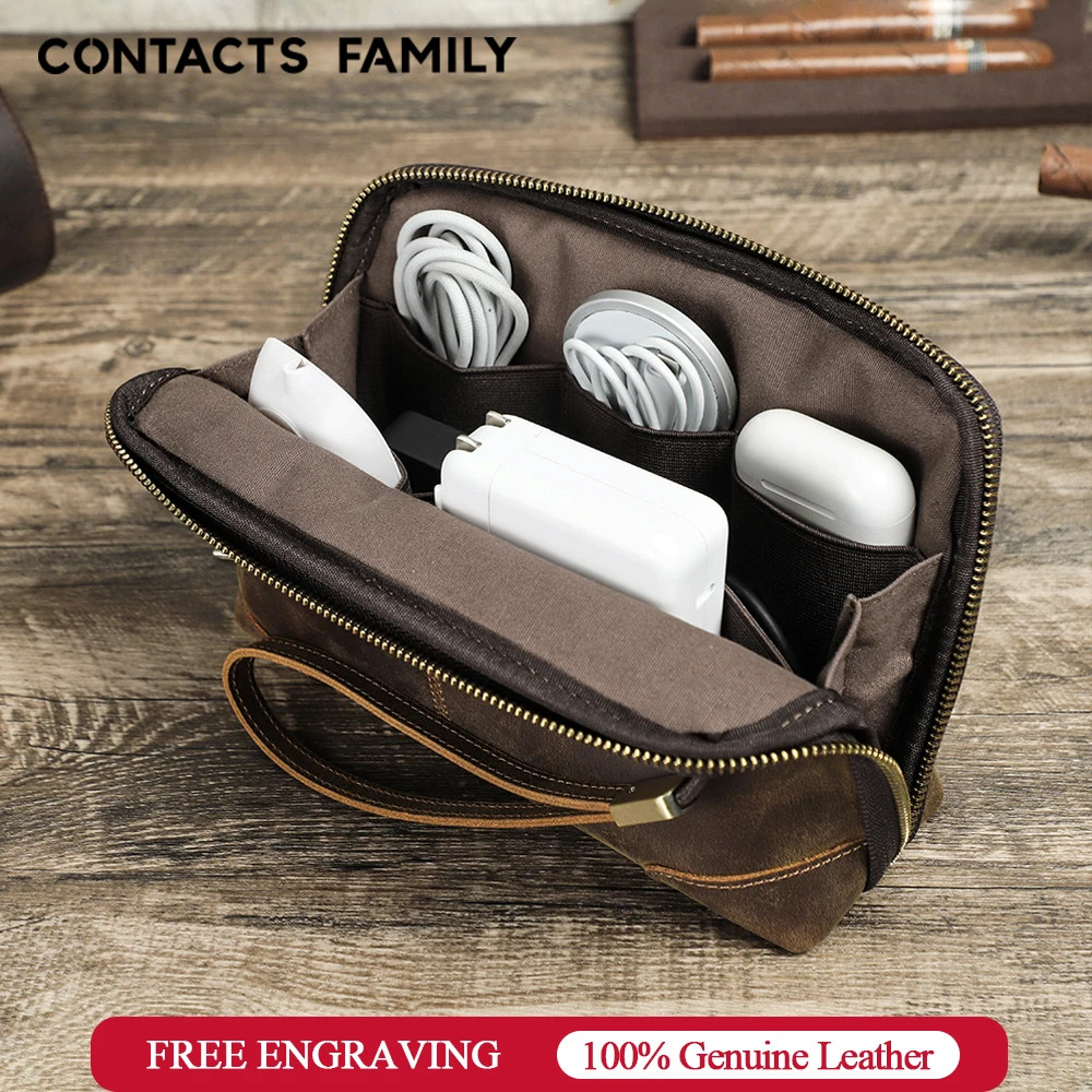 CONTACTS FAMILY Genuine Leather USB Data Cable Storage Handbag Clutch Bag For Ea