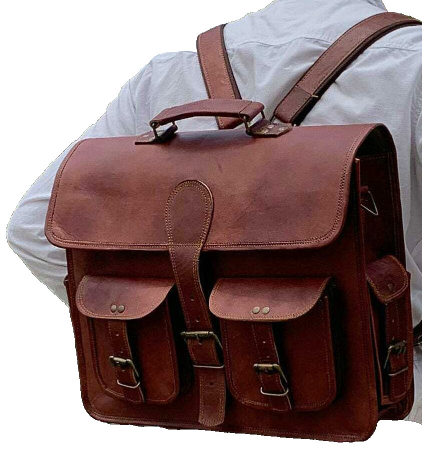 18″ Men Brown Leather Laptop Briefcase Shoulder Messenger Crossbody Backpack Bag