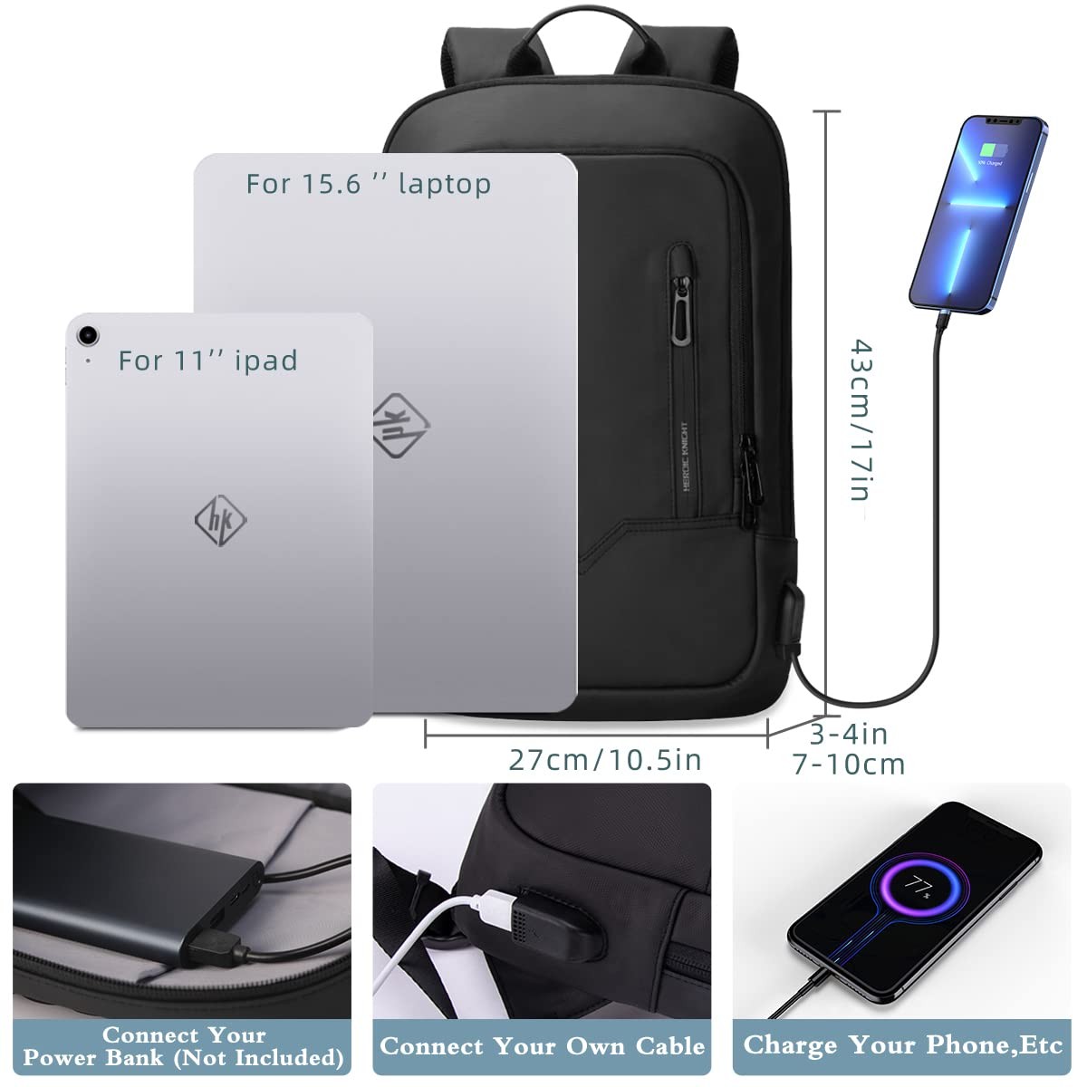 hk Backpack for Men Business Slim Backpack with USB Charger Computer Lightwei…