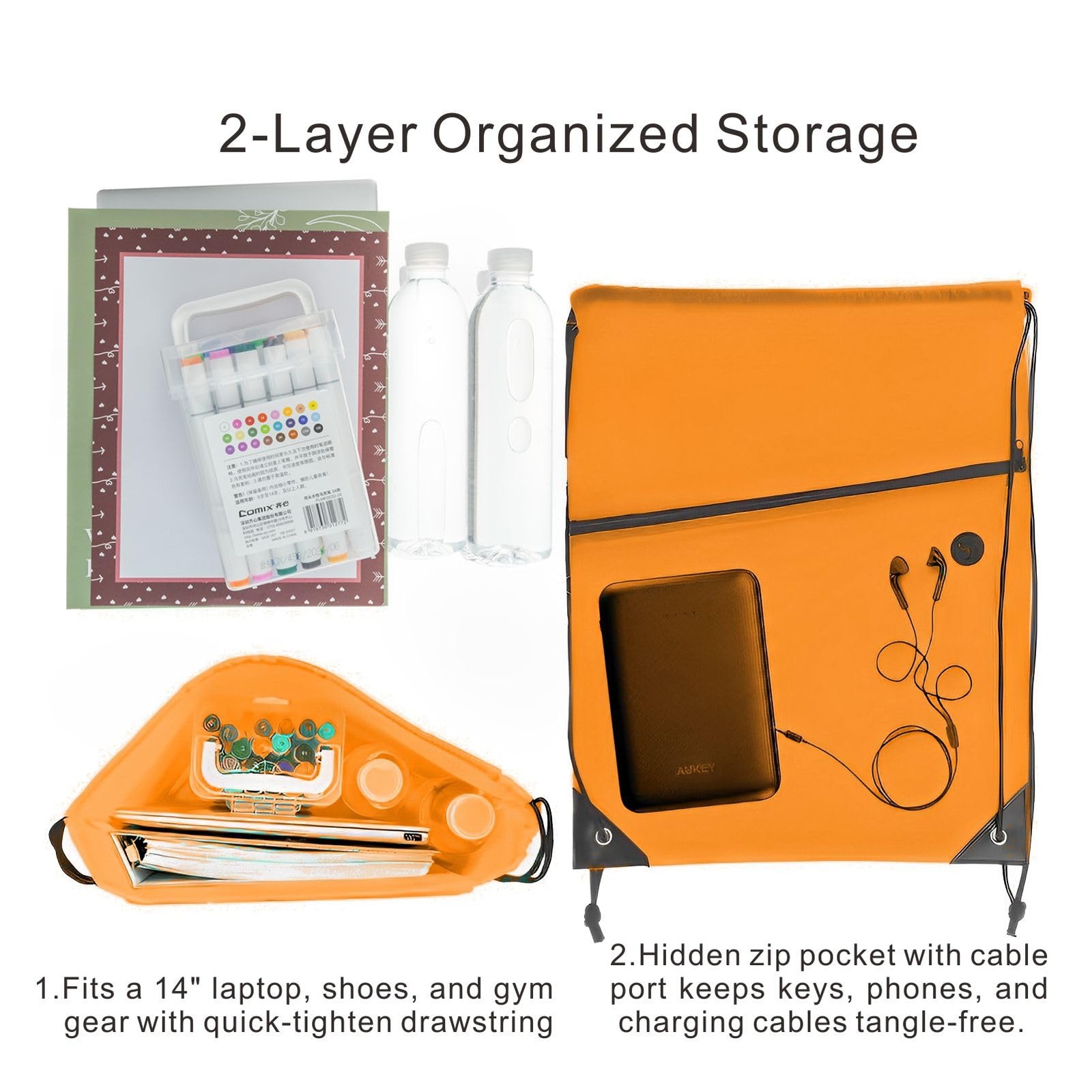 Orange 20 PCS Drawstring Bag Sports Gym String Backpack Zip Pocket Bulk