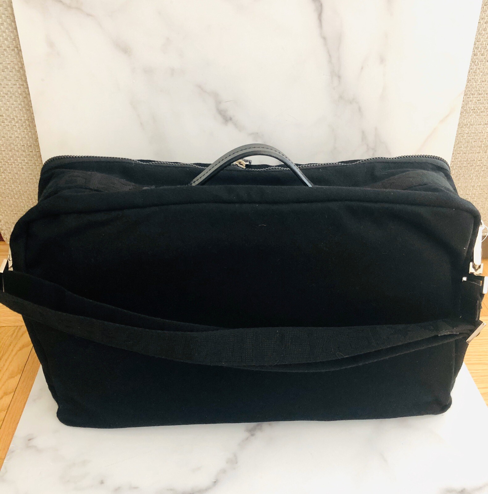 FENDI 100% Black Cashmere Logo Monogram Large Duffle Travel Bag
