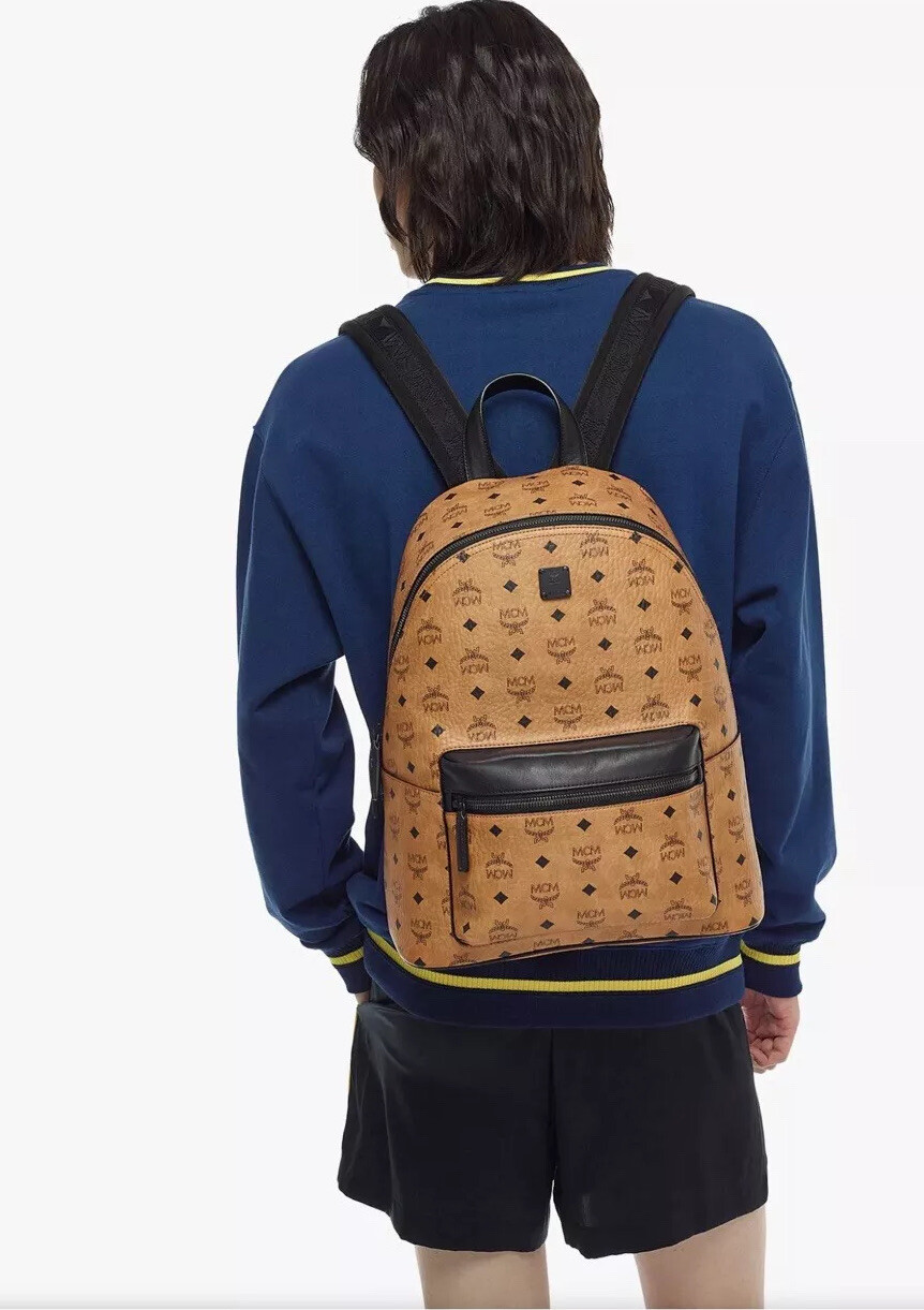 MCM Men’s Logo Monogram Medium Leather Backpack NWT Cognac