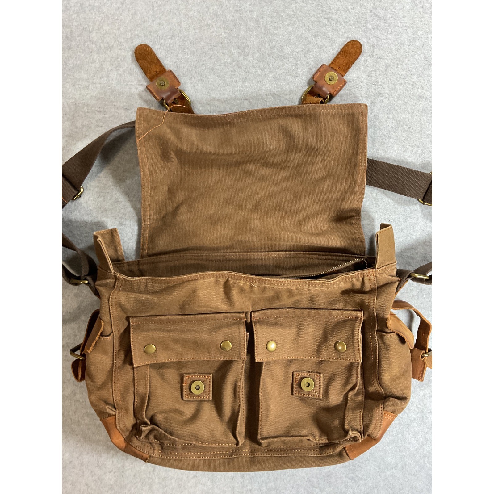 Augur Strauss & Co Brown Canvas Leather Trim Messenger Bag Field Satchel Large