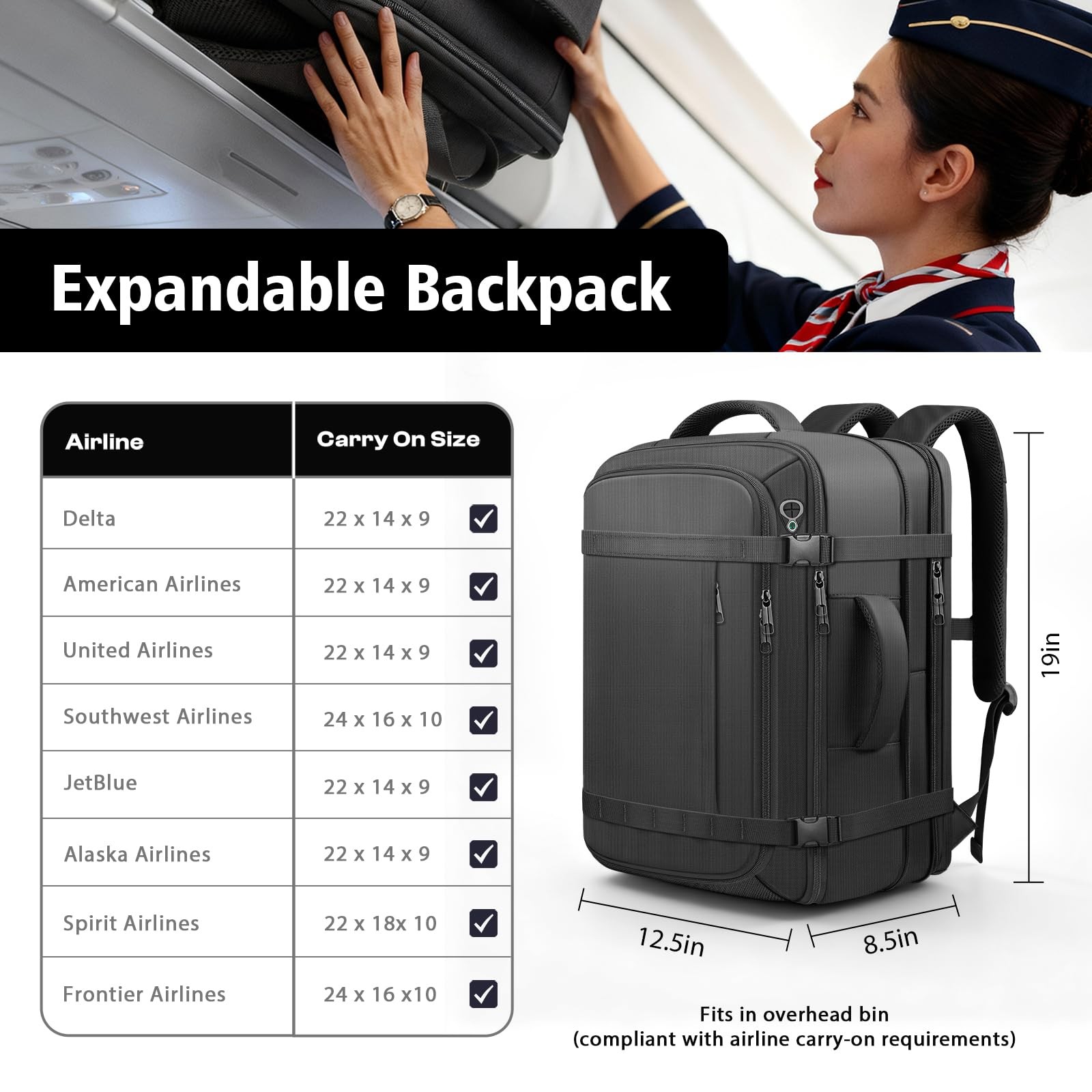 Travel Backpack,Expandable Carry on Backpack 40-50L with USB Cable Port,Fits