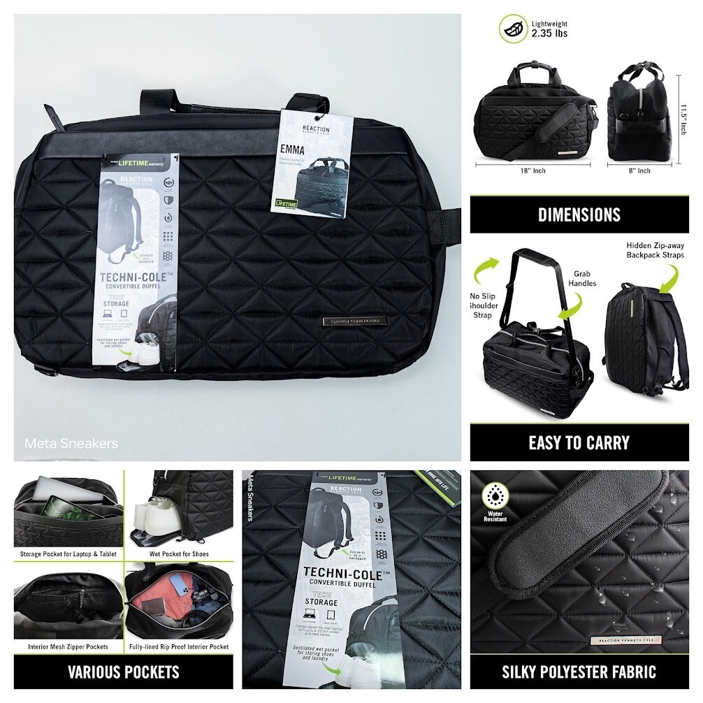 Kenneth Cole Reaction Duffle Bag Backpack Convertible Black Travel Laptop New