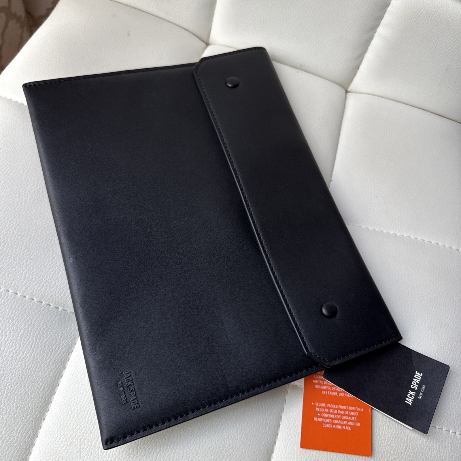 NWT Jack Spade Zip Snap Tablet Sleeve Portfolio Black Leather Pouch Case