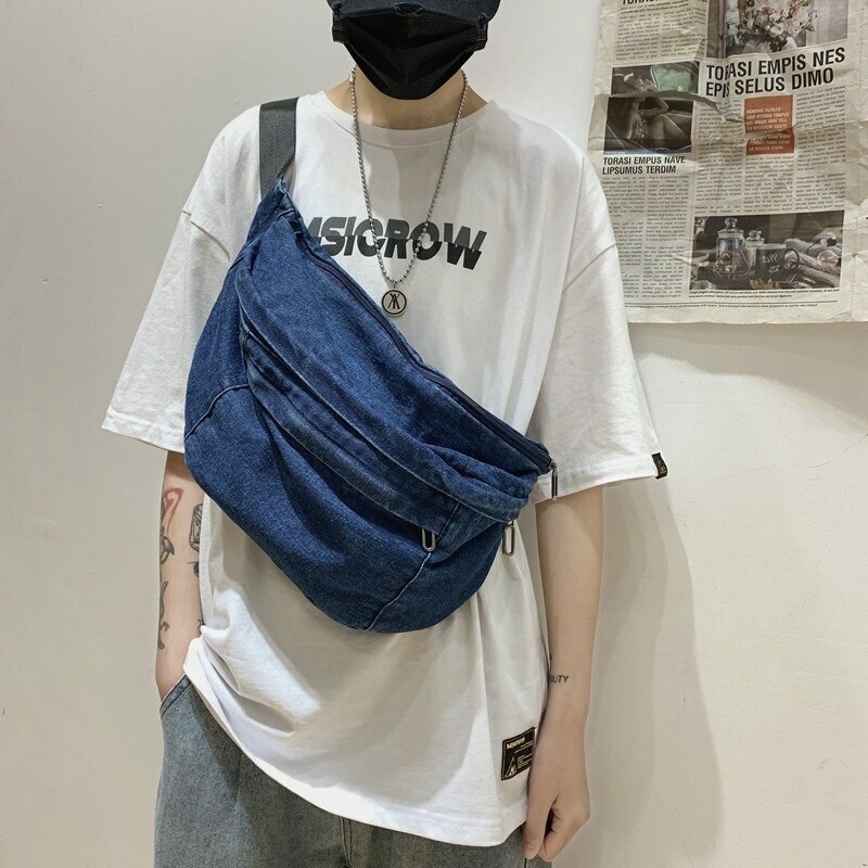 New Denim Large Capacity Crossbody Shoulder Bag Men Women Hip Hop Belt Bag