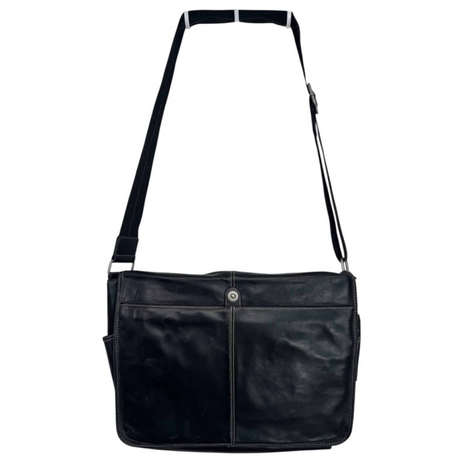 NWT Perry Ellis Portfolio Full Flap Black Leather Adjustable Messenger Bag