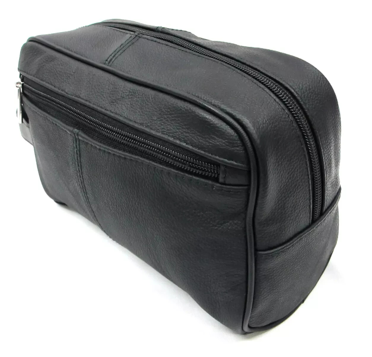 Quality Genuine Cow Leather Men’s Shaving Toiletry and Travel Bag 3 Zipper Black