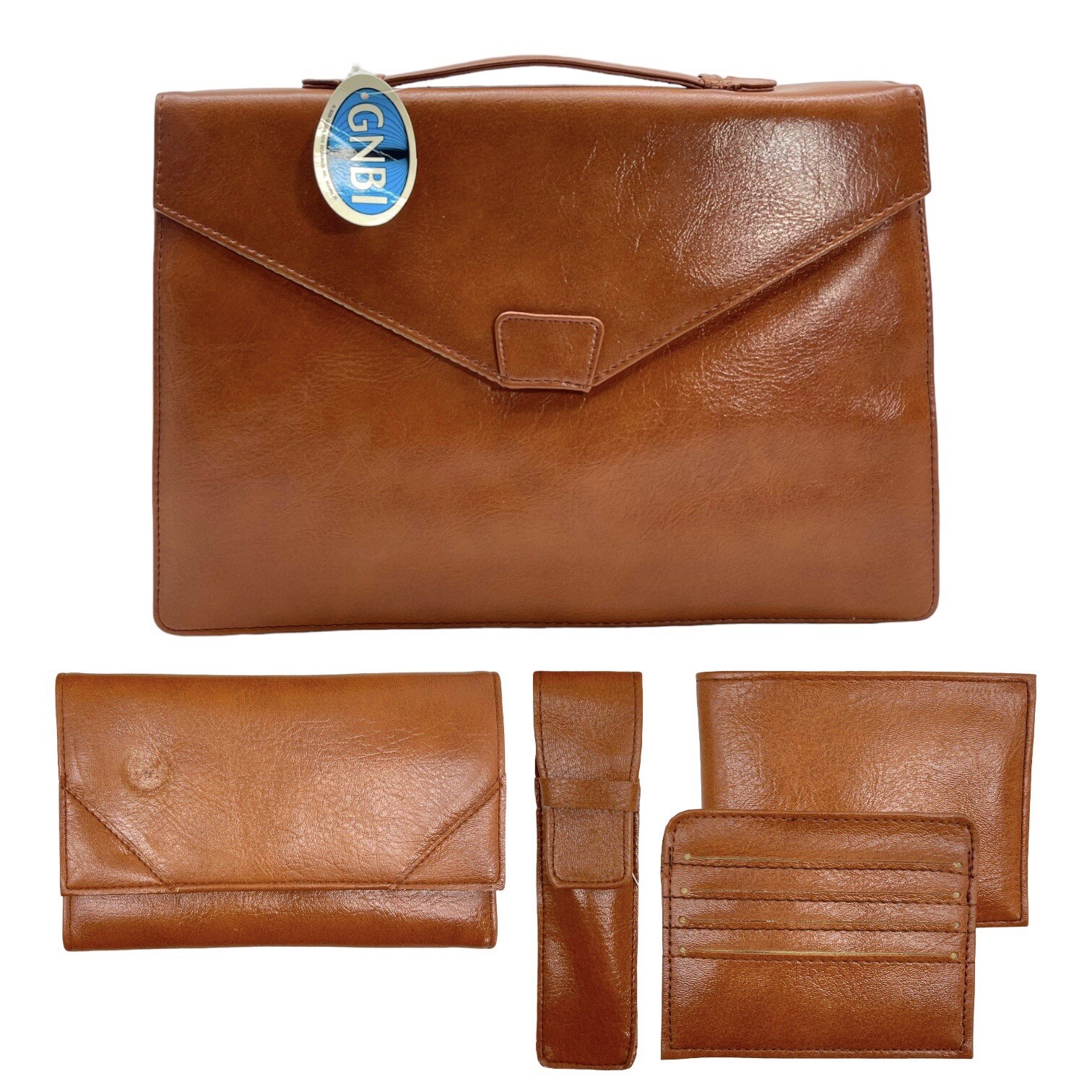 Vintage GBNI DESIGNS Leather Briefcase Attache Top Handle 5 Piece Business NOS