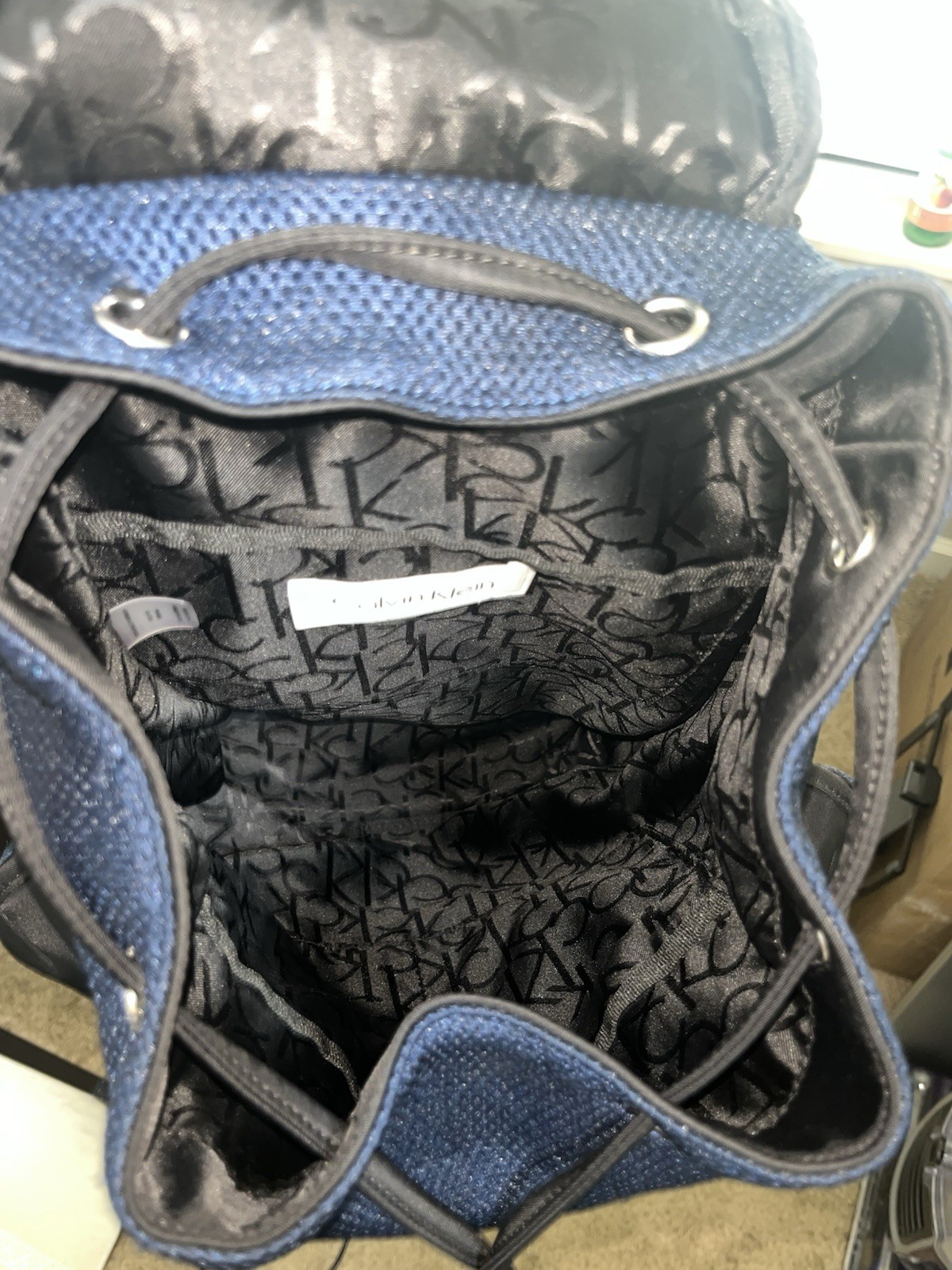Calvin Klein Blue/Black Small Backpack Drawstring Buckle, Pockets, Lined