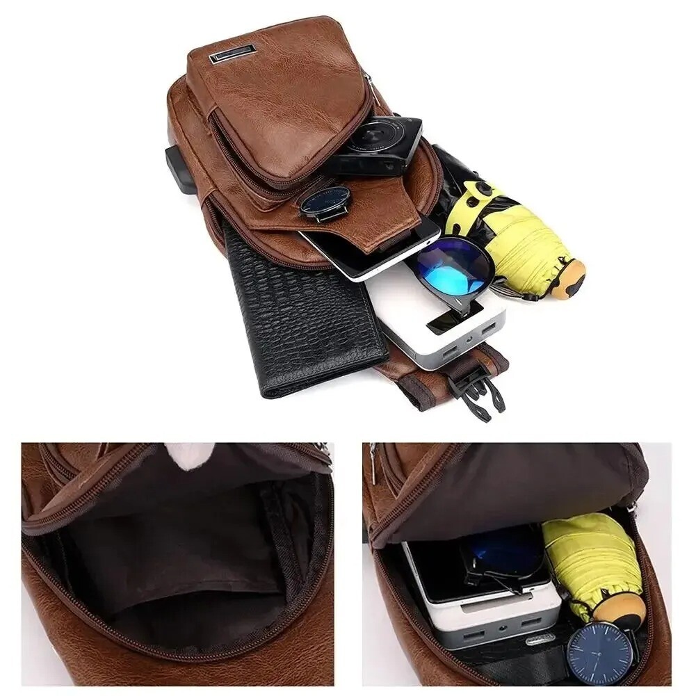 Men’s Casual Chest Bag PU Leather USB Charging Crossbody Travel Shoulder Bag