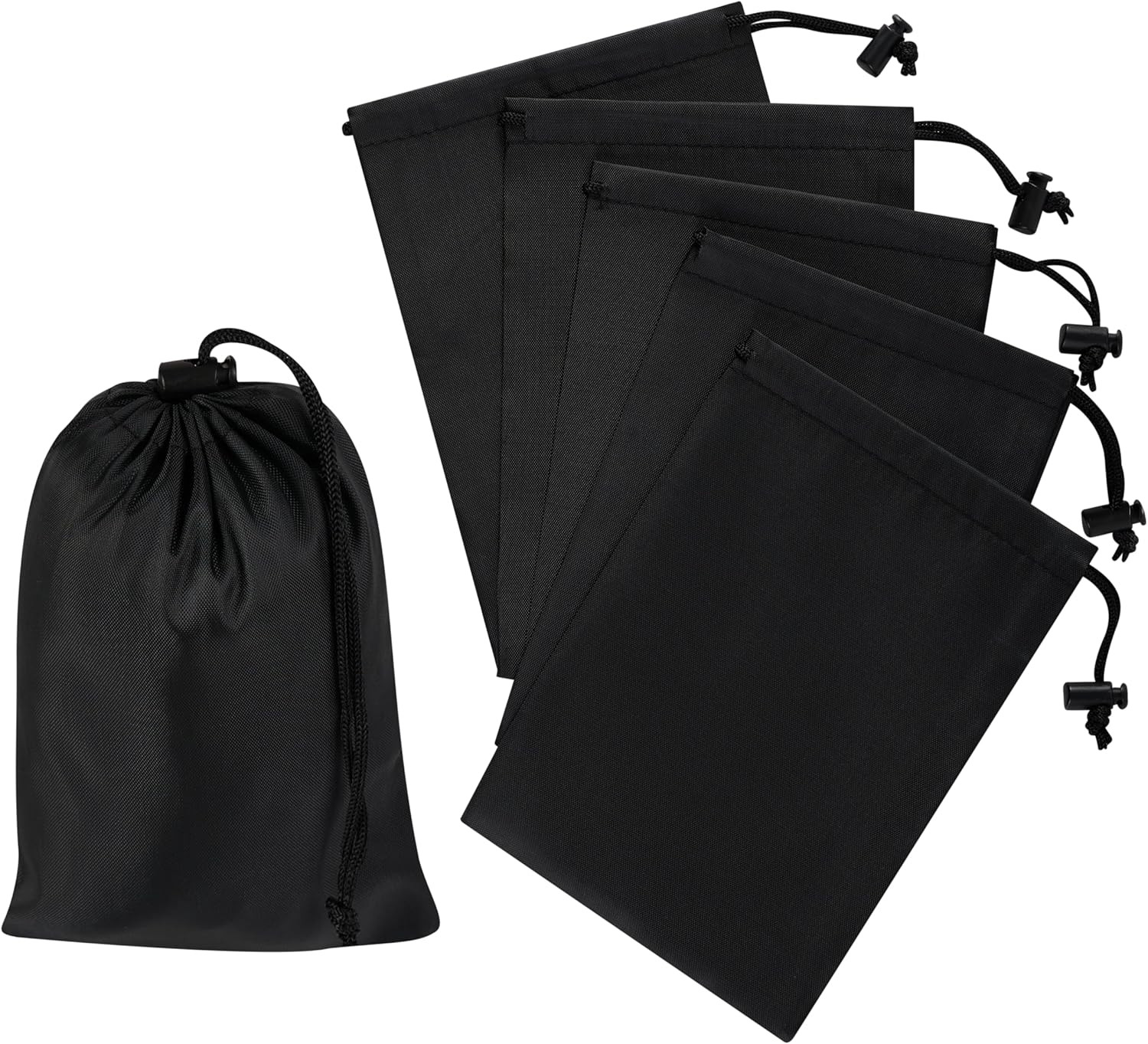 Drawstring Bag with Toggle – Nylon Cinch and Ditty Pouch – Six Pack (Black, 5 X