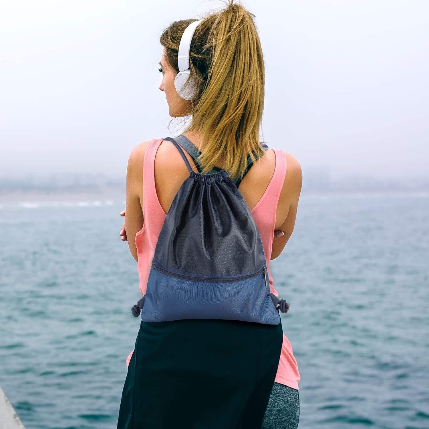 Waterproof Drawstring Backpack with Zip Pocket, Gym Swim Bag for Men Women