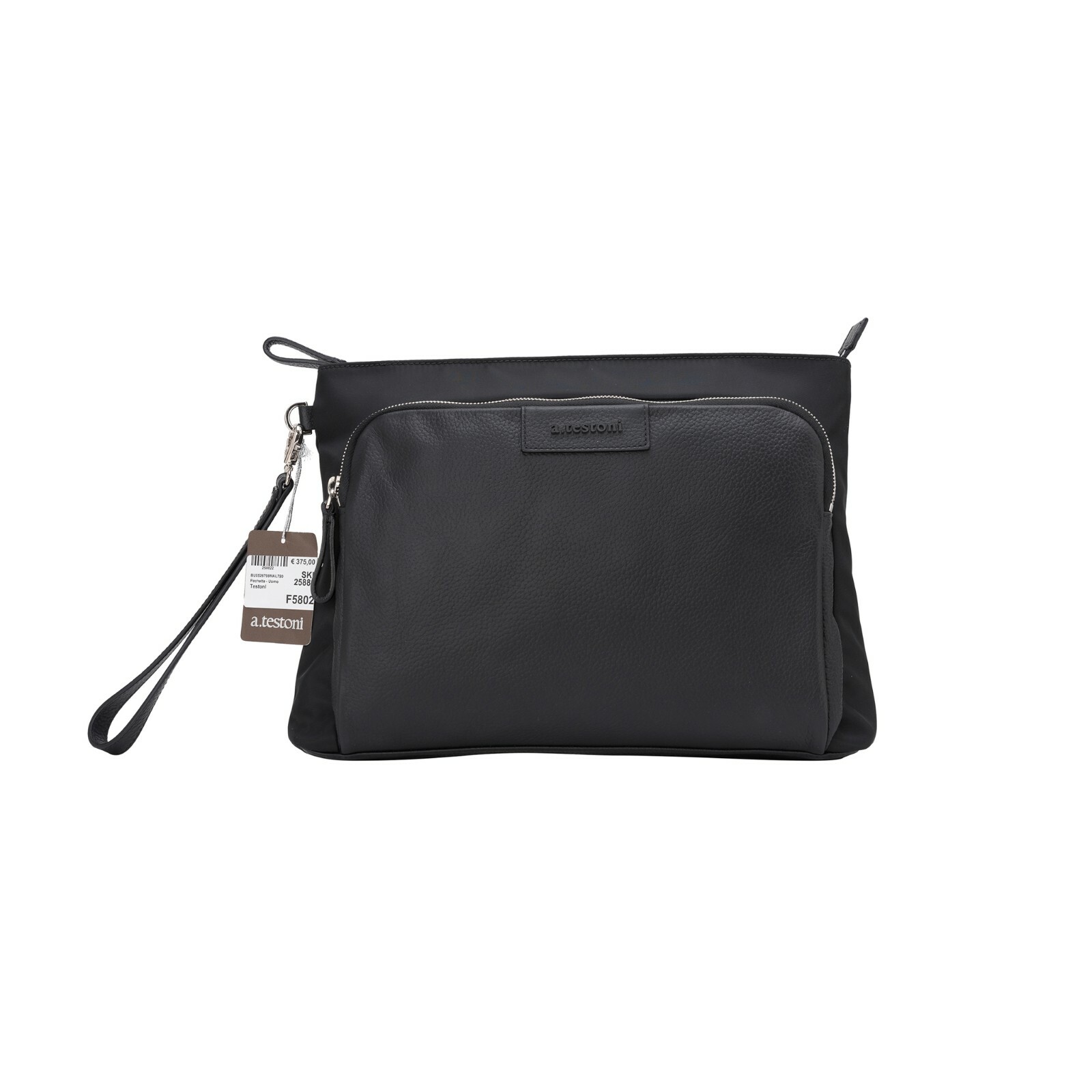 $480 Testoni Bologna Black Karibu Calf + Fabric Hand Clutch Bag + Handle