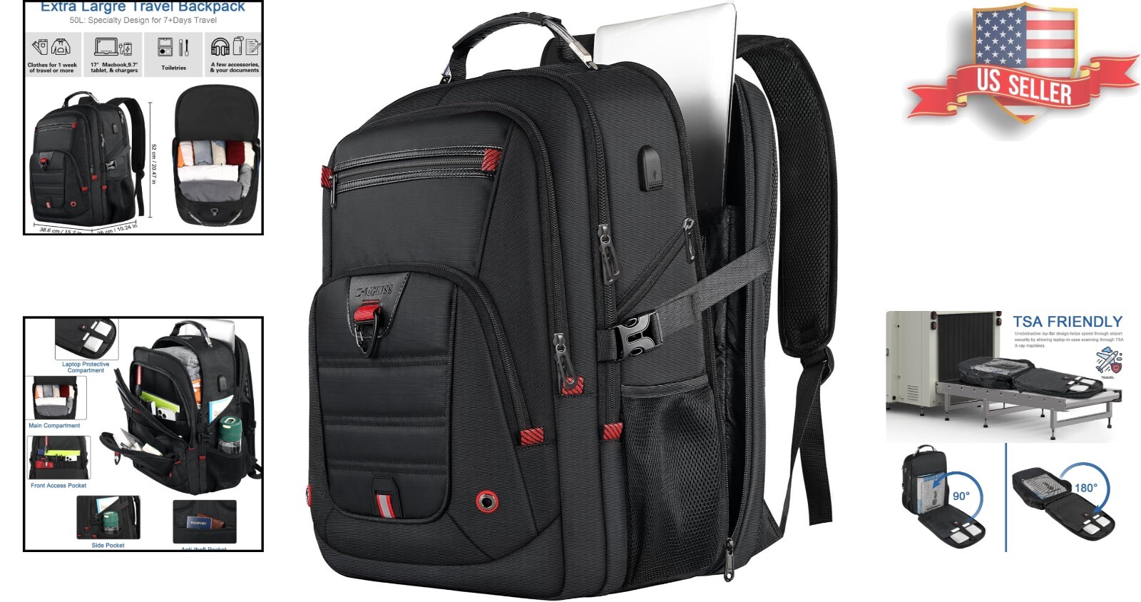 Ergonomic USB Charging Travel Backpack: Fits Most 18.4” Laptops, 60L Capacity