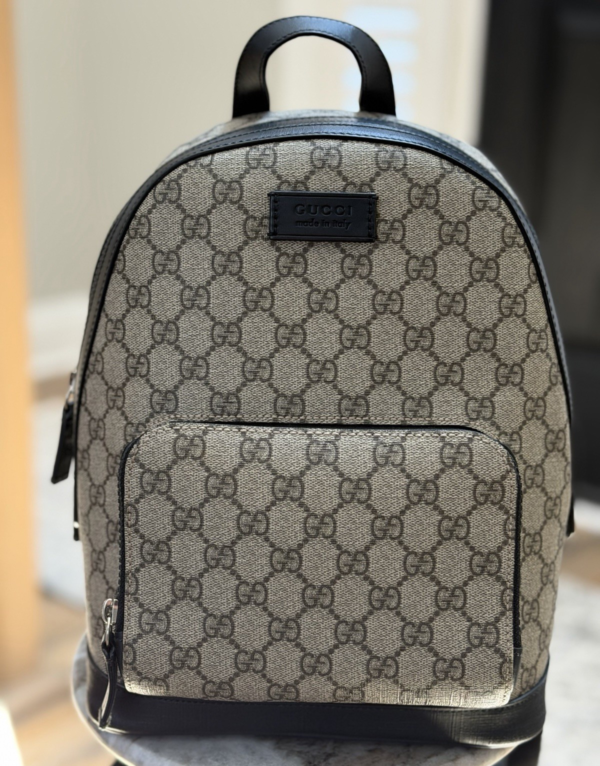 Gucci GG Supreme GG Pattern Small Backpack Beige Black Zip Top Handle Pockets