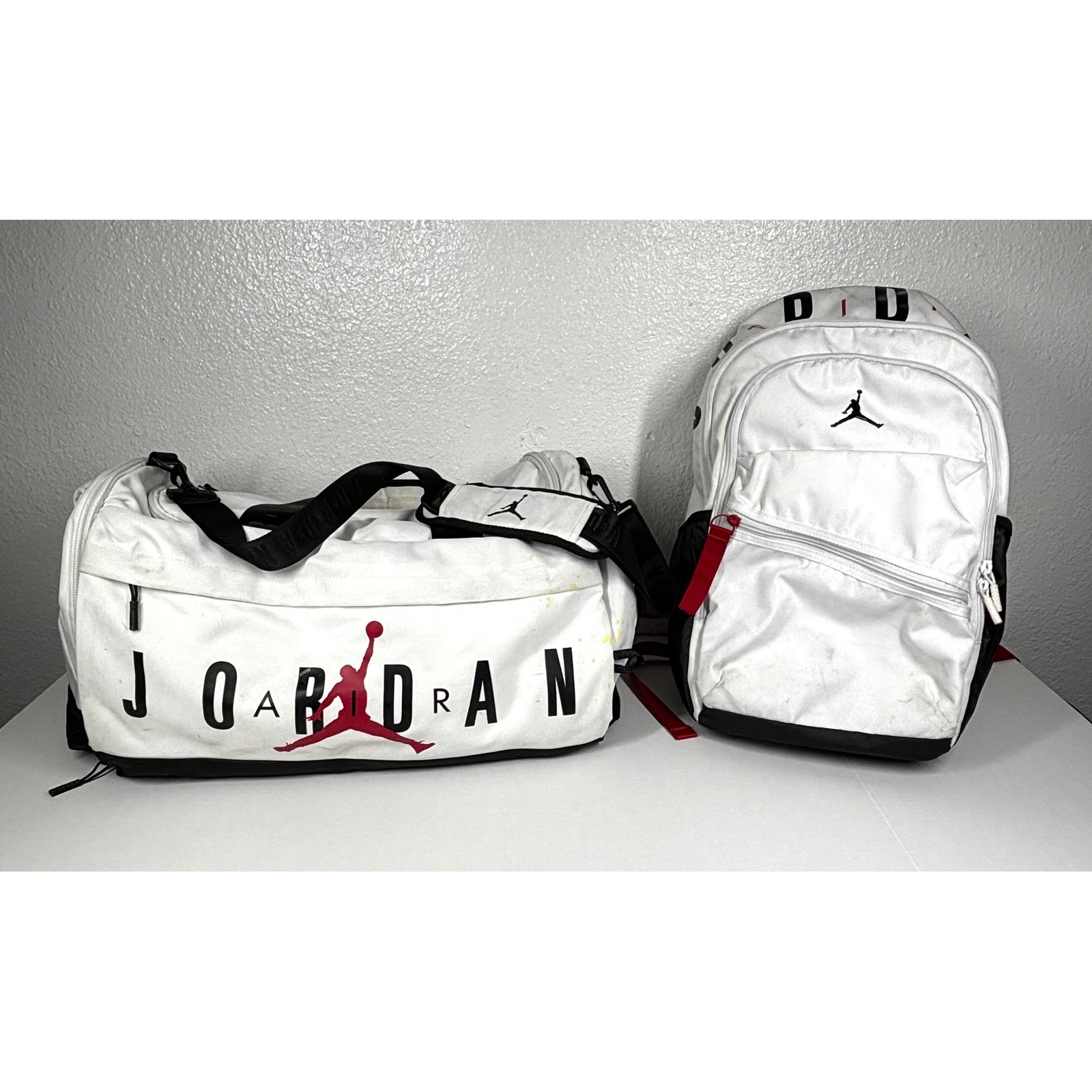 2 Nike Jordan Jumpman Duffel Bag + Backpack SET White Black Red Logo 2pc LOT